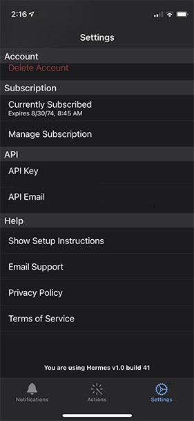 Hermes iOS settings